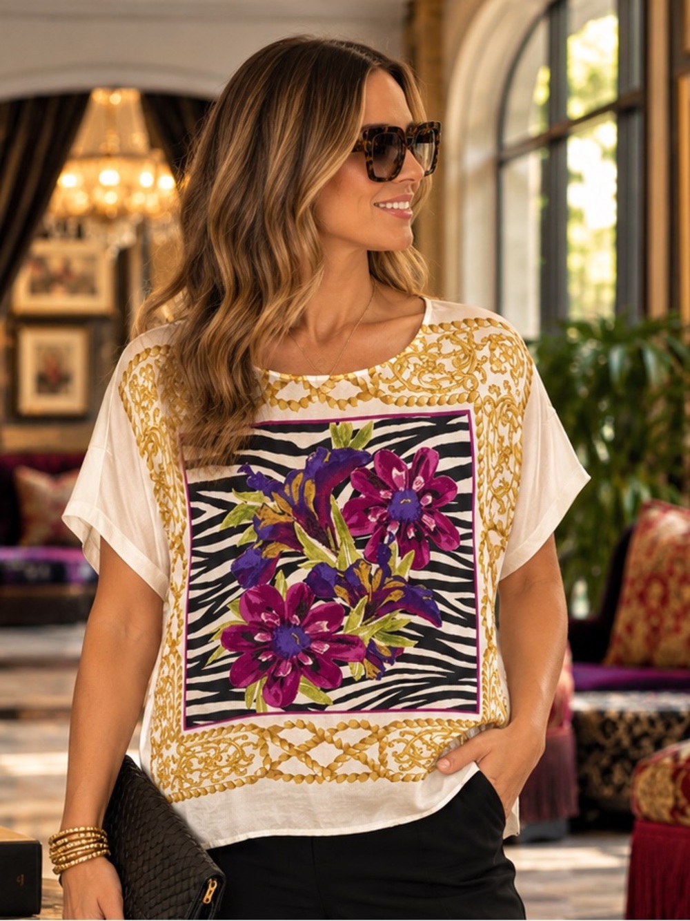 Chicos Resort Retreat McKay Silk Front Floral Zebra Mixed Media Top XL 16-18
